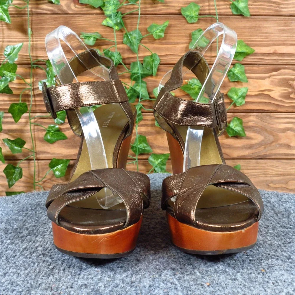 Nine West Janisha Women Wedge Sandals Size 10M Party Bronze Metallic Leather